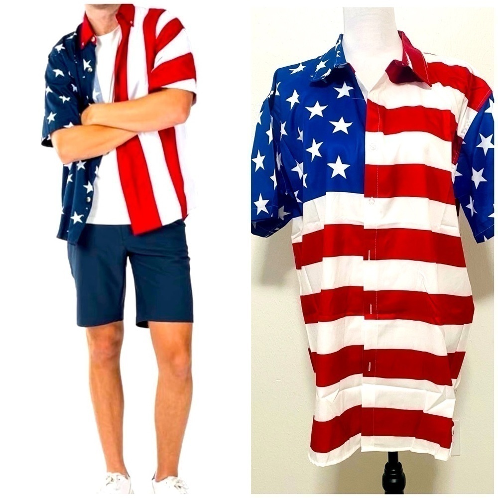 Men’s USA Flag Patriotic Casual Button Down Summer Shirt Vacation Size XXL NWOT